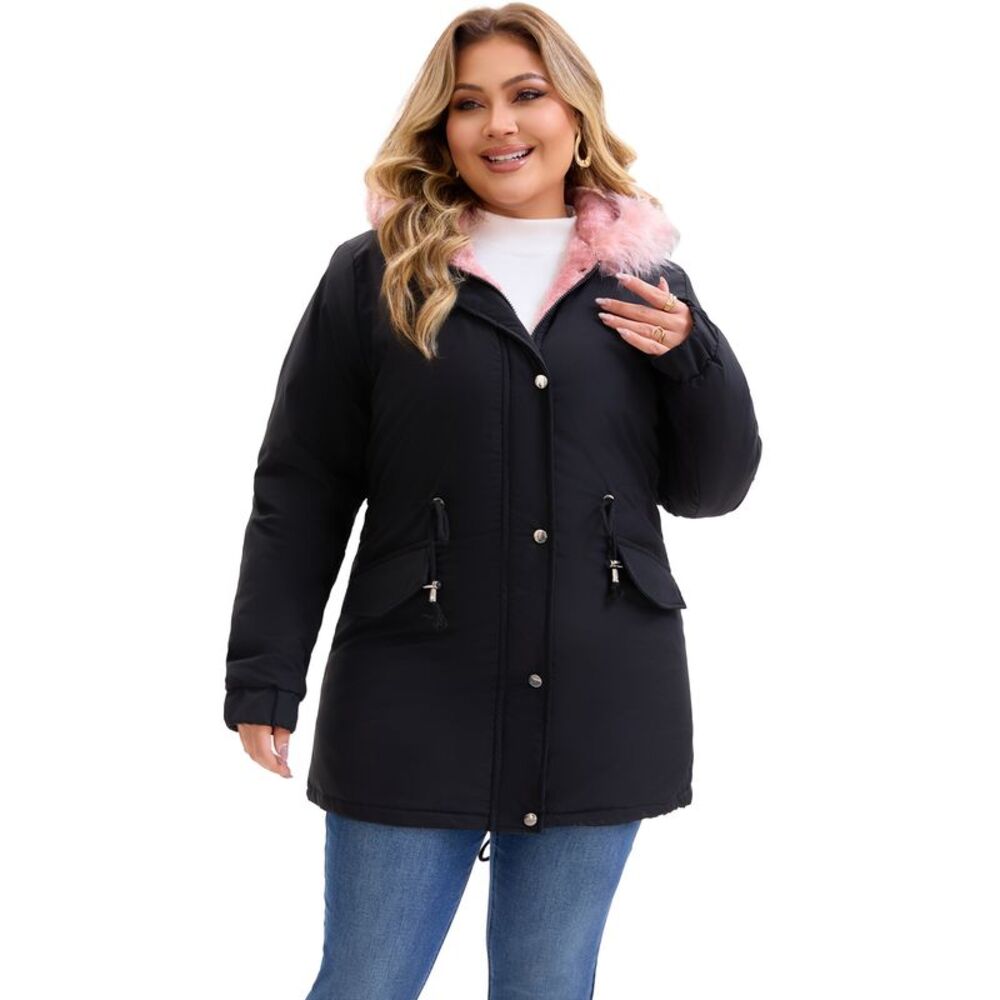 Plus Size Parka Fur Hood Fleece Lined Winter Coat with Pockets Black Pink